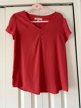 LOFT Coral-Red V-Neck Short Sleeve Blouse with Covered Buttons
